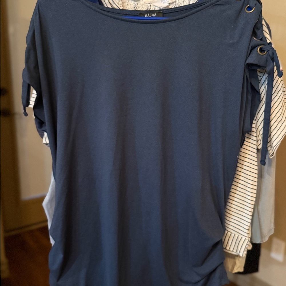AUW Women's Blue Short Sleeve Top with Grommet Detail